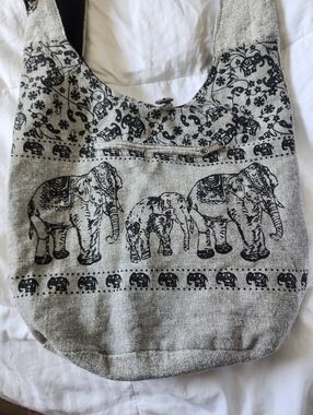 Kathmandu Black Cotton Boho Bag with Elephant Pattern